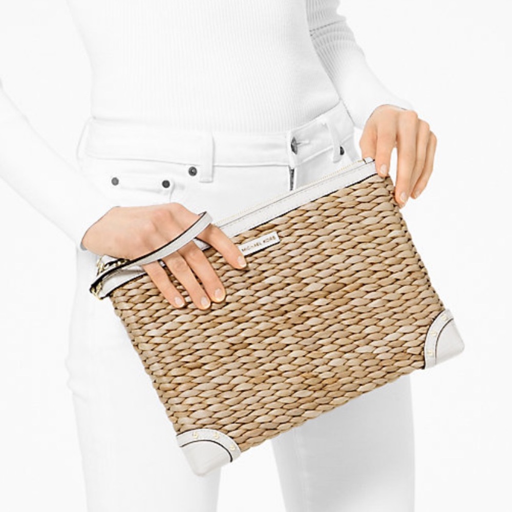 Michael Kors Malibu Tan & White Clutch Wicker Woven Texture Leather Wristlet Bag